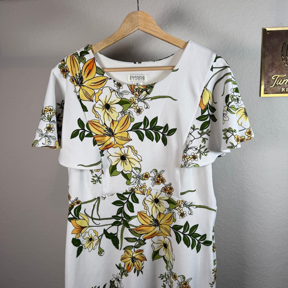 Enfocus Studio Womens Floral Sheath Dress White Yellow‎ Flutter Sleeve Size 12 - Picture 3 of 9
